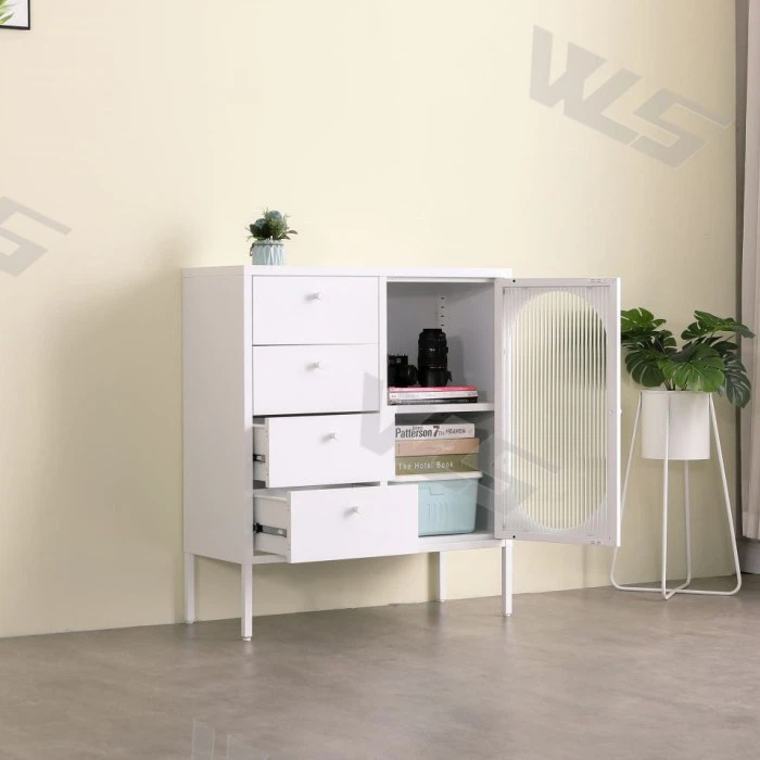 White Color Metal Chest Of Drawer With Tempered Glass Door