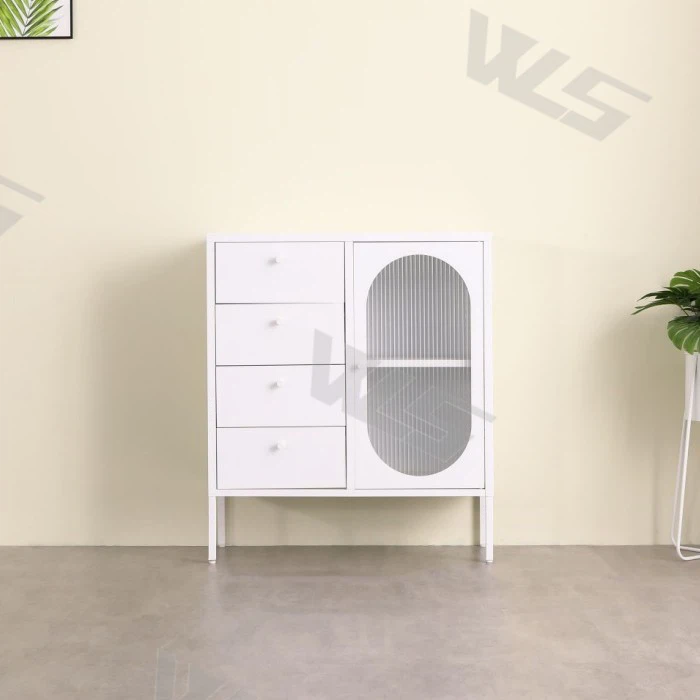 White Color Metal Chest Of Drawer With Tempered Glass Door