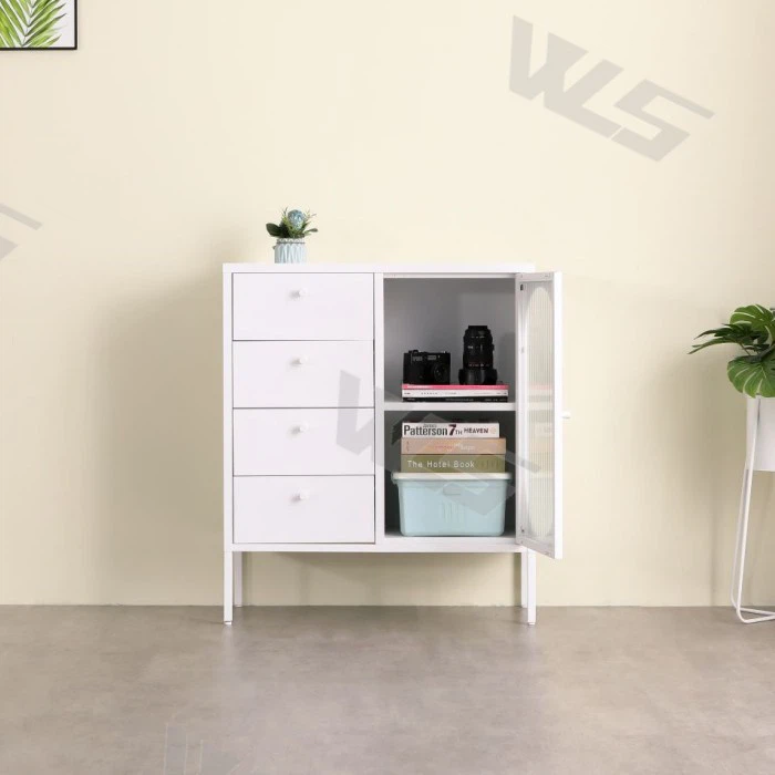 White Color Metal Chest Of Drawer With Tempered Glass Door